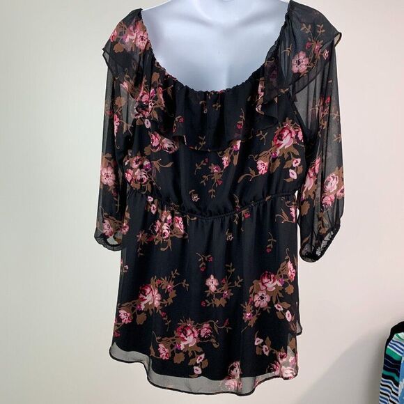 Lane Bryant Blouse 26 3X Plus Black Floral Print Flowy Lined Semi-sheer Ruffle - Picture 4 of 9